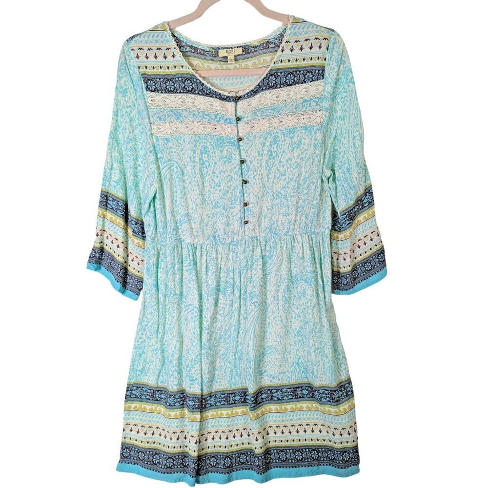 Kori Women size L Round Neck Lace Floral 3/4 Sleeve Chiffon Elastic Waist Dress
